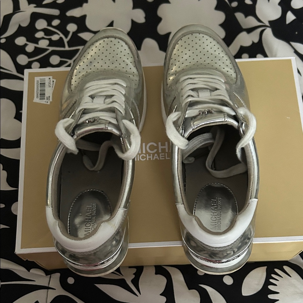 Michael Kors Metallic Silver and White Sneakers